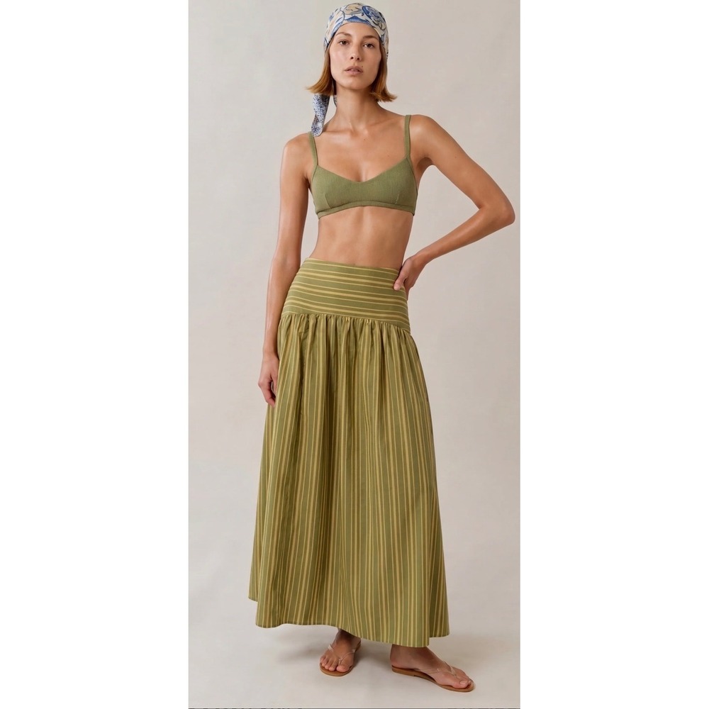Few Moda CAARA Green Tan Striped Cotton Maxi Skirt Size 2 C25WSKA0503SC